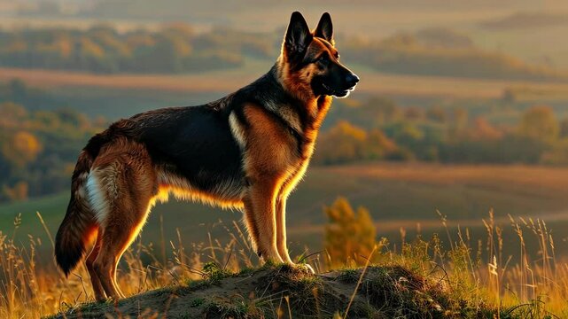 Majestic german shepherd at sunset in scenic landscape AI