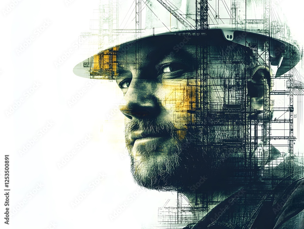 Aufkleber construction worker portrait with abstract building background