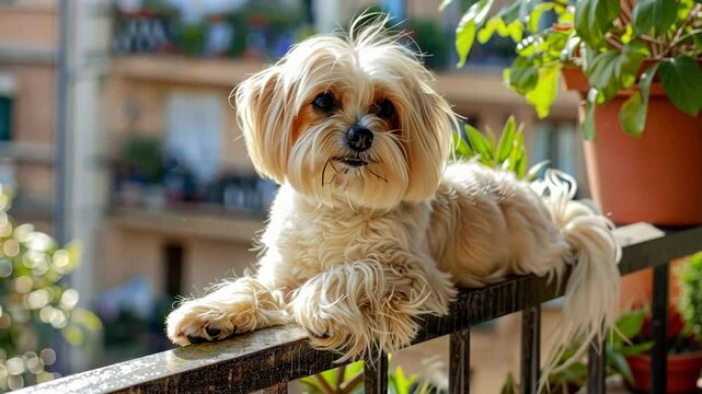 Adorable havanese dog relaxing on a balcony with lush greenery AI