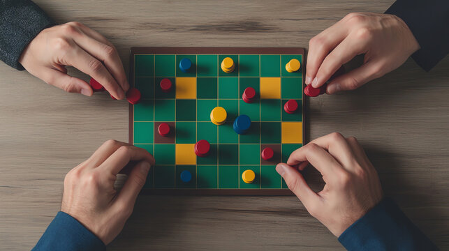 Hands moving game pieces on strategy board game, showcasing competition and focus