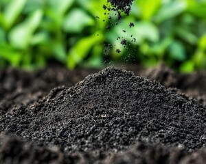 Fresh soil with particles suspended in the air, set against a green background.
