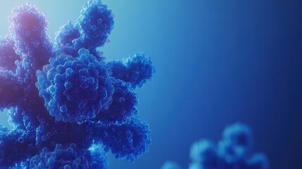 Dynamic composition of blue viruses with a light glow effect, set against a futuristic gradient blue background, leaving space for captions or branding.