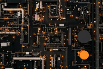 Fototapeta premium Aerial view of industrial complex network of pipes and machinery. Possible use Stock photo for industrial, engineering, and manufacturing contexts