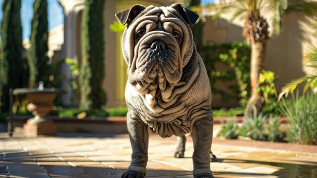 Wrinkled dog standing in sunny garden with palm trees and mediterranean architecture AI