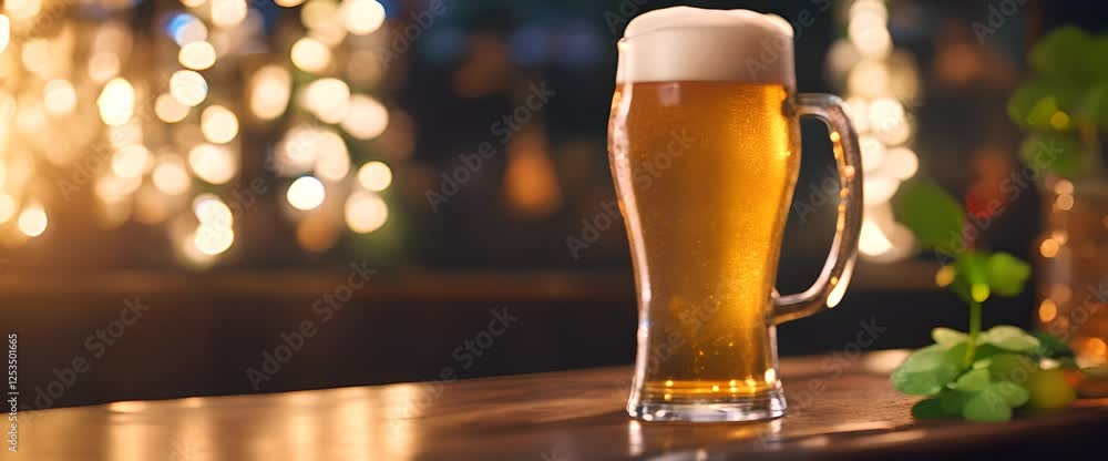 Aufkleber pint of beer on bar with festive clovers and lights image video 4kpint of beer on bar with festive c