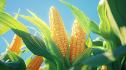A close-up of vibrant, ripe corn on the cob, with golden kernels and lush green leaves, set against a clear blue sky for a fresh and natural feel.