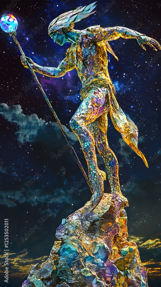 Poster Hermes depicted in Digital painting set in Celestial sky evoking a Playful mood illuminated by Bioluminescent with a Dynamic pose hyper-detailed vibrant colors intricate details