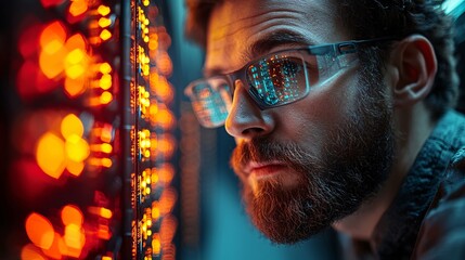 focused tech professional analyzing data streams in server room