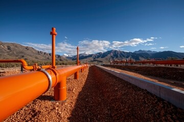 Orange Pipelines Across Open Landscape, Mountain Background.  Possible Stock Photo Use Industrial Infrastructure