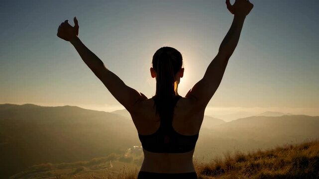 Back view of strong motivated woman celebrating workout goals towards the sun. Morning healthy training success