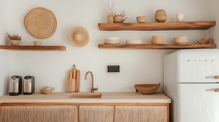Modern kitchen with wooden shelves, natural decor, and minimalist design. space features white refrigerator, wooden countertop, and various ceramic and woven items, creating warm and inviting
