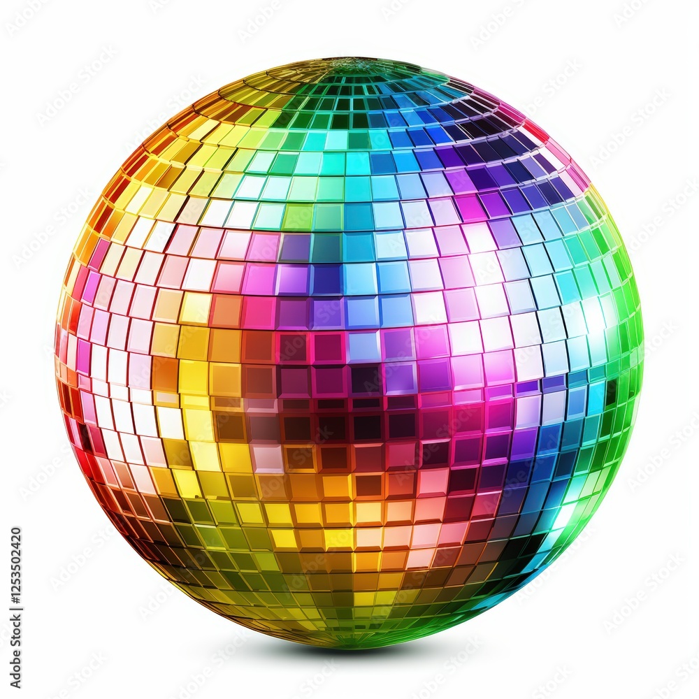 Poster colorful shiny disco mirror ball reflecting light in various patterns creating a vibrant and festive