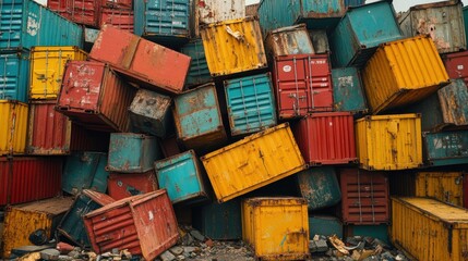 A chaotic stack of colorful shipping containers, showcasing a mix of rust, wear, and vibrant hues, creating a striking industrial backdrop.