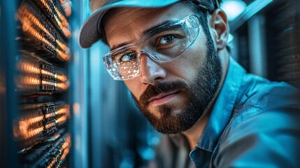 skilled technician in data center with protective gear