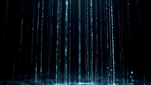 Mystical blue rain light streaks falling in deep dark background