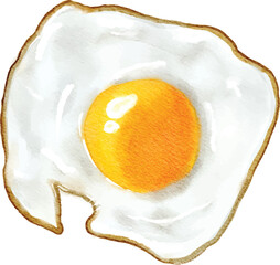 A watercolor illustration of a fried egg with a golden yolk and a slightly crispy white. The organic shape and soft color blending give it a natural, hand-painted feel, making it a perfect food-themed