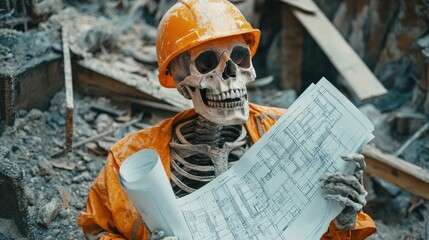 Fototapeta premium A skeleton in an orange hard hat and jacket holds blueprints amidst a construction site filled with debris.