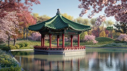 Traditional Korean Pavilion with Cherry Blossoms by a Calm Pond