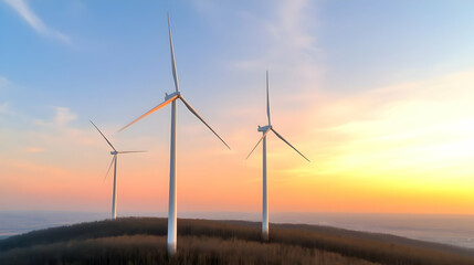 Obraz premium Wind turbines sunset hilltop aerial renewable energy