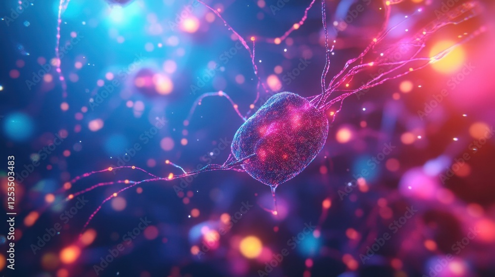 Poster abstract depiction of a neural network with glowing nodes and synapses, showcasing vibrant colors an