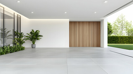 Fototapeta premium Empty modern concrete driveway and carport of a luxury minimalist house with white walls, wooden paneling, and green plants during daytime.