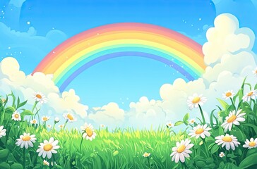 Obraz premium Beautiful rainbow over the green field with beautiful clouds on a sunny day background