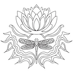 Lotus moon and dragonfly hand drawn for adult coloring book