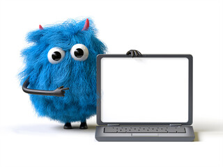 Fluffy, cute monster presenting a laptop, symbolizing tech support or digital learning. 3D rendering, conceptual image. Isolated on white background.