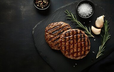 Closeup of two chargrilled beef burger patties with salt garlic and rosemary on black slate plate for barbecue grilling and gourmet cooking