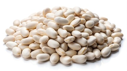 A pile of white beans is isolated on a white background.