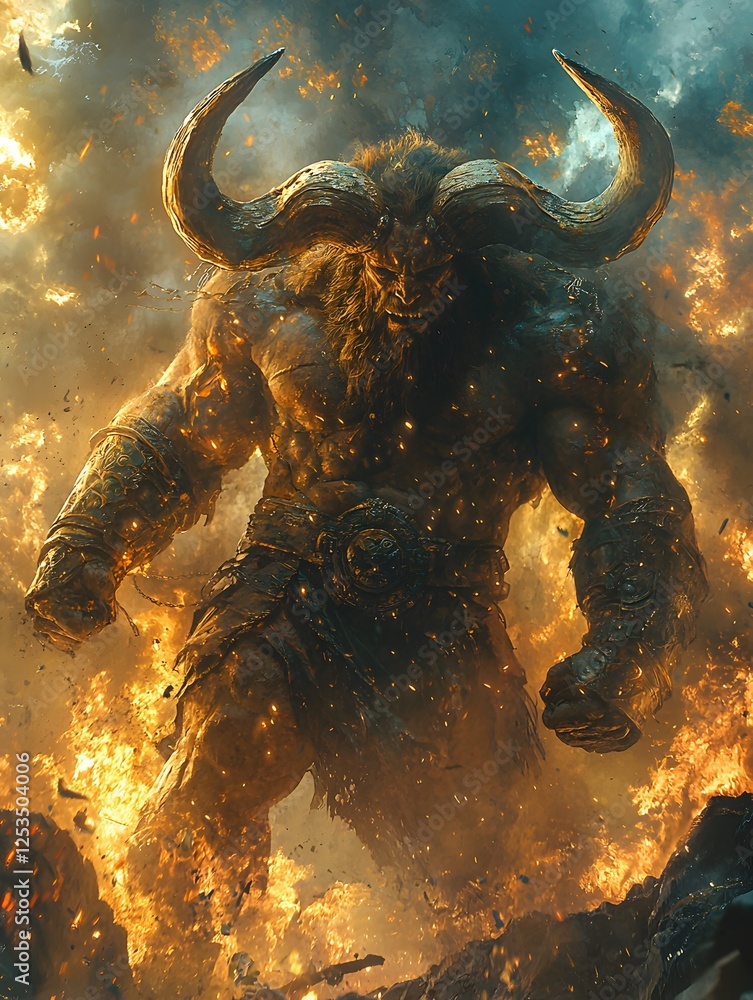 Aufkleber minotaur depicted in fantasy illustration set in mount olympus evoking a heroic mood illuminated by 