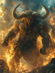 Minotaur depicted in Fantasy illustration set in Mount Olympus evoking a Heroic mood illuminated by Studio lighting with a Portrait hyper-detailed vibrant colors intricate details
