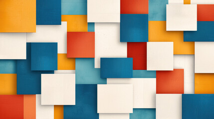vibrant arrangement of bold primary color blocks in blue, red, yellow, and white, creating modern geometric pattern with overlapping squares and rectangles
