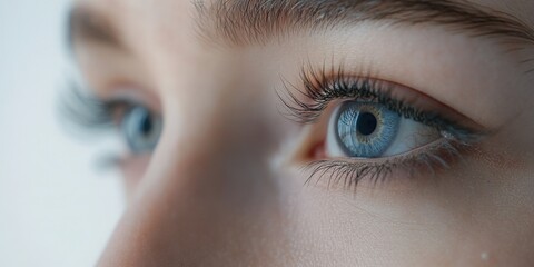 Close up of a person's eye, light blue color, focused on the iris and eyelashes, soft light, neutral background, detail of eye, soft focus, macro