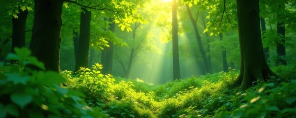 Obraz premium Lush green forest with sunlight filtering through leaves, forest, leaves