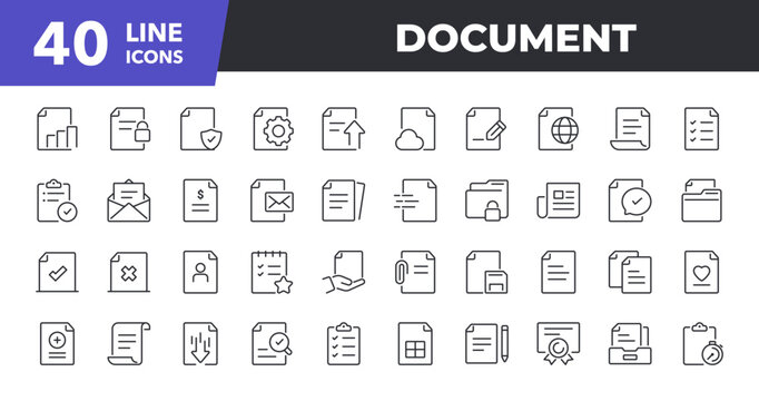Document Line Icon Set. Contains such icons as File, Folder, Download, Archive, Clipboard. Vector illustration