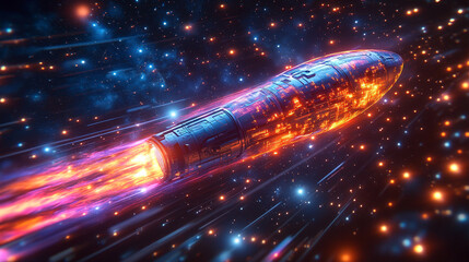 Rocket travels through colorful galaxy filled with stars and cosmic dust