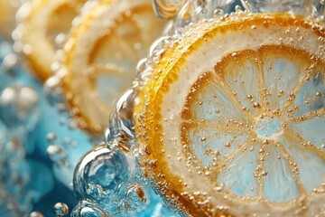 Macro shot of lemon slices in a crystal-clear drink, suspended in bubbles