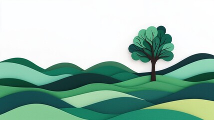 A vibrant paper-cut landscape featuring rolling green hills and a solitary tree, showcasing shades of green against a white background.