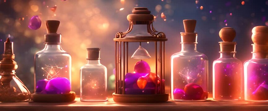 Magic bottles with magic elixirs for love spells sorcery and divination Magic illustration and alchemy Digital ai art Video 4K