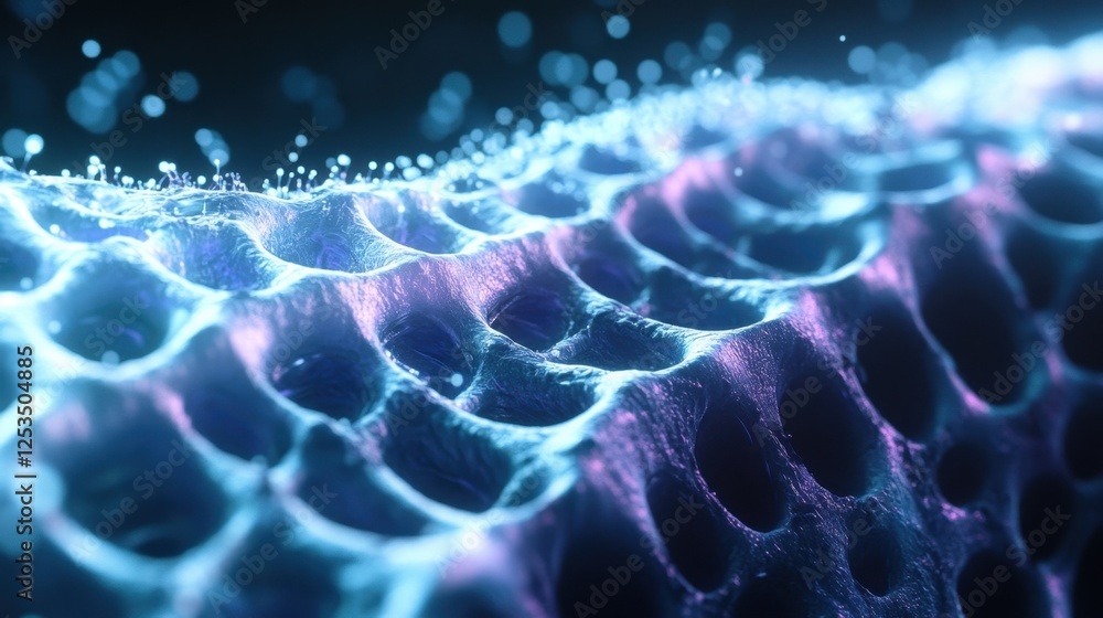 Poster close up view of a vibrant, abstract representation of a microscopic cellular structure, showcasing 