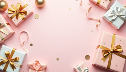 Gifts and Ornaments Festive Still Life with Copy Space. AI Generation.