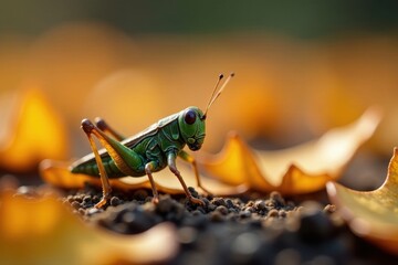 Fototapeta premium Miniature violinist grasshopper in autumn leaves, grasshopper, woodland