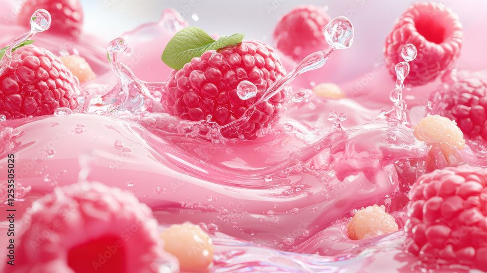 Aufkleber fresh raspberries splashing into creamy pink liquid, creating vibrant and refreshing scene with glos