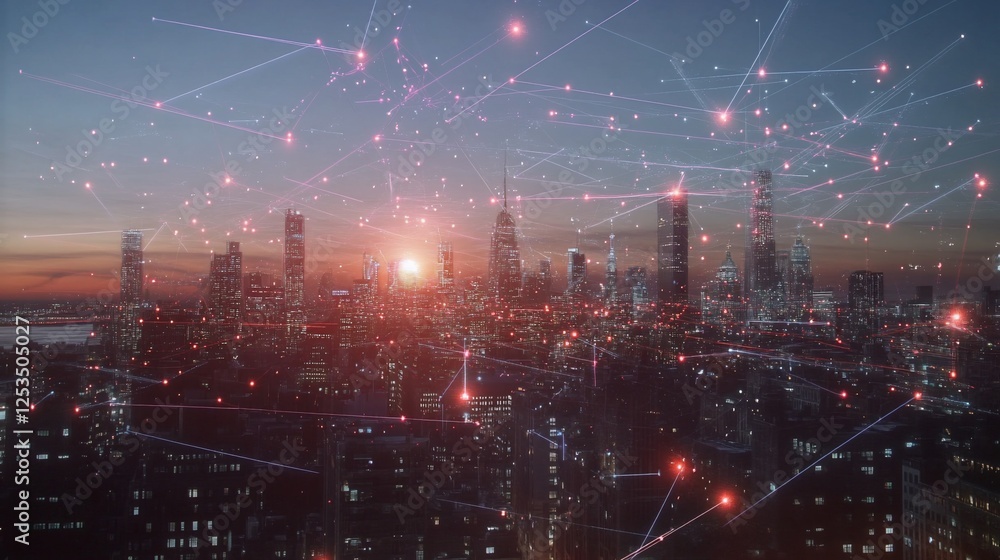 Poster networked cityscape at dusk with glowing lines and connection points on skyline