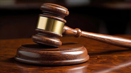 Gavel resting on wooden surface signifies the conclusion of a judicial proceeding in a courtroom setting