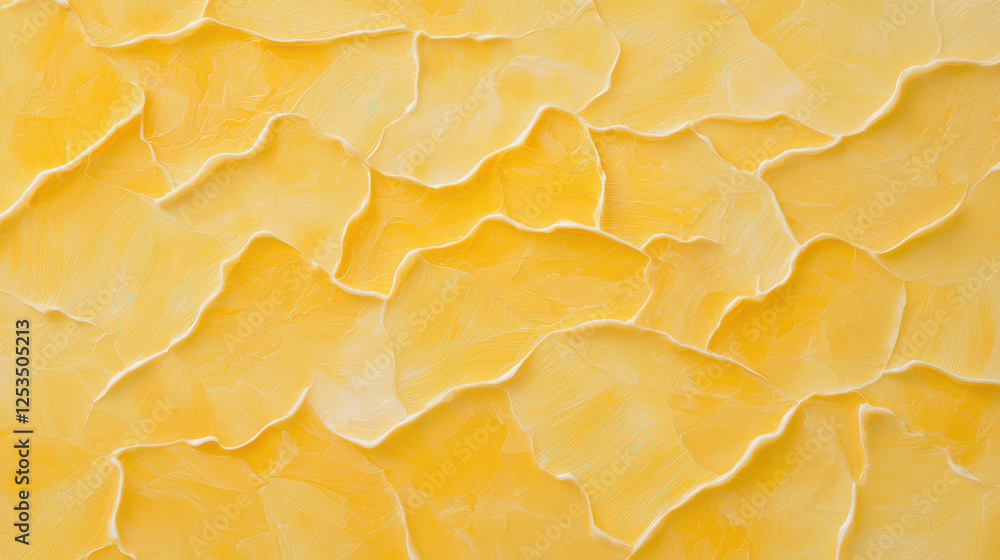 Poster textured yellow background with layered, wavy patterns resembling petals or abstract brushstrokes, creating soft and artistic visual effect