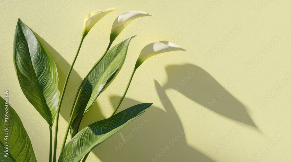 Poster elegant white calla lilies with lush green leaves casting soft shadows on pastel yellow background, 