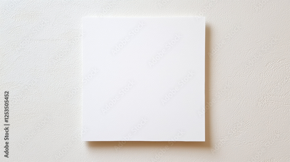 Aufkleber square white canvas with fine texture is placed against light beige wall, creating minimalist and clean aesthetic. subtle texture adds depth to neutral tones