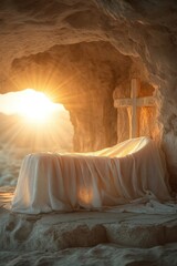peaceful morning scene showing an open, empty tomb with a glowing white shroud inside